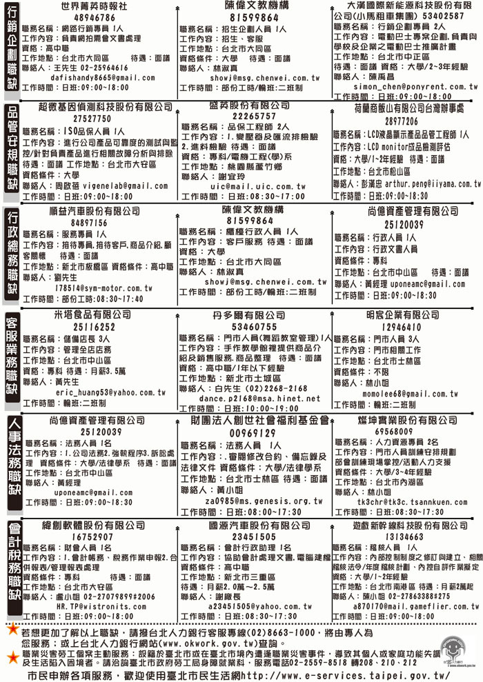 臺北市政府勞工局--4月3日出刊--就業快訊頁面插圖