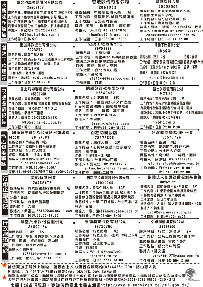 臺北市政府勞工局就業服務處第838期就業快訊頁面插圖